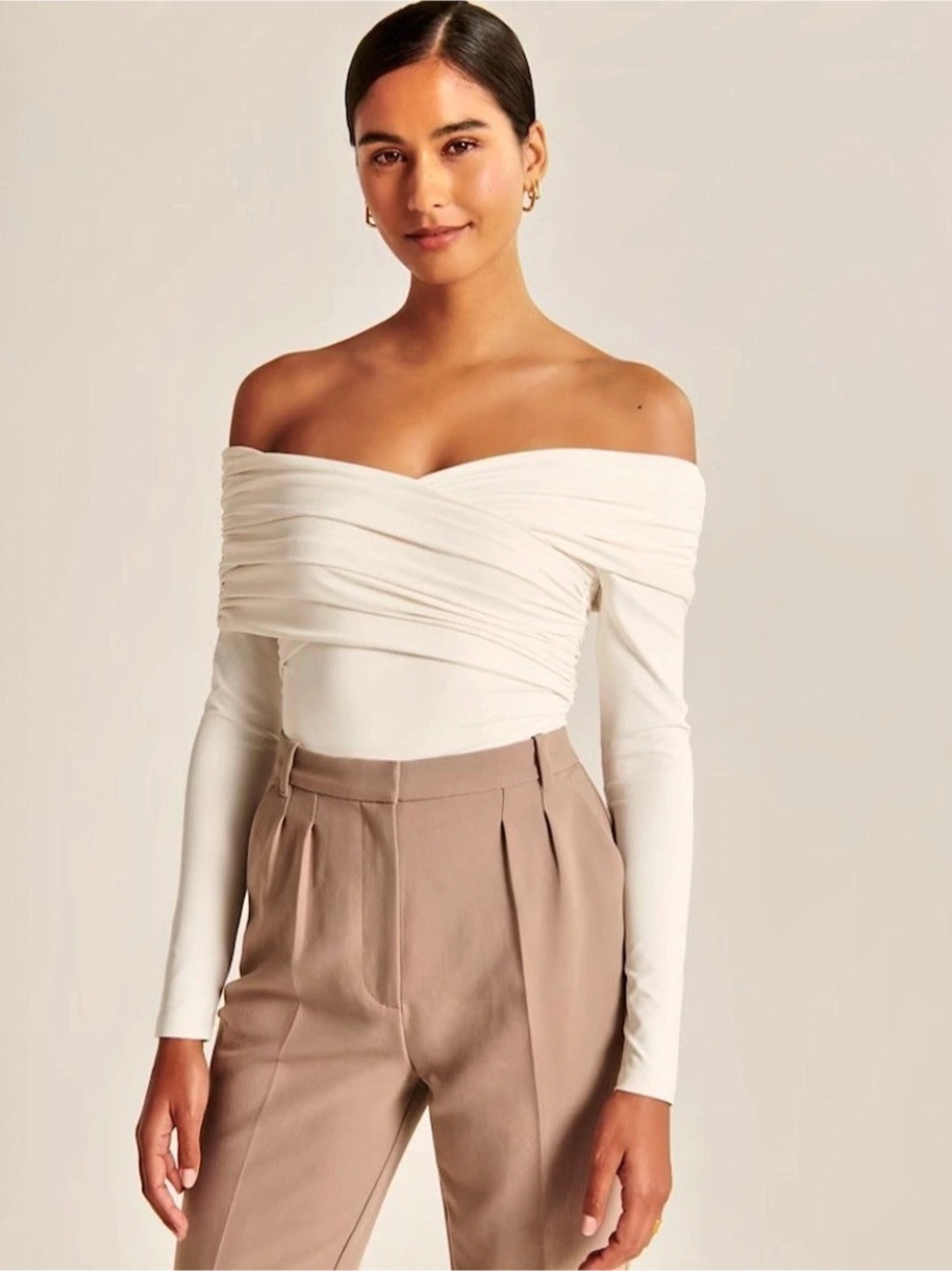 Abercrombie & Fitch Off-the-Shoulder Draped Bodysuit Cream Medium